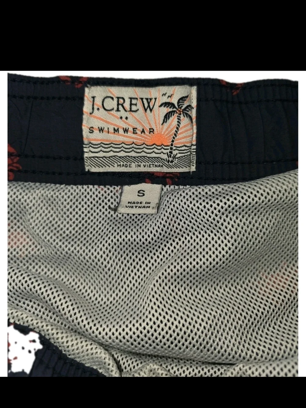 J. Crew Navy Swim Trunks with Red Crab Motif